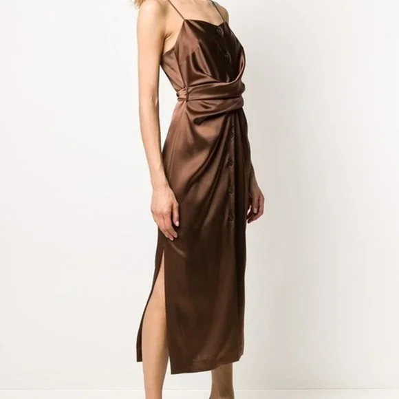 NWT Nanushka Dress Sayan Satin Spaghetti Strap Belted Wrap Tie Midi Slip Brown L - Picture 2 of 11